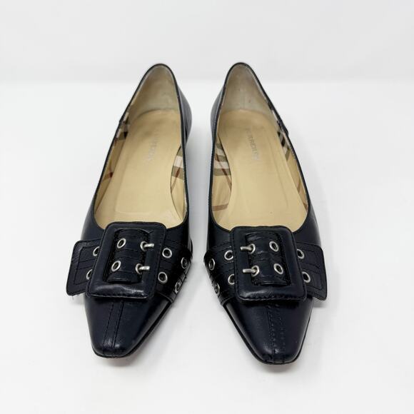 Burberry Black Leather Pointy Toe Kitten Heels EU 36 Buckle Detail Made in Italy - Picture 2 of 10